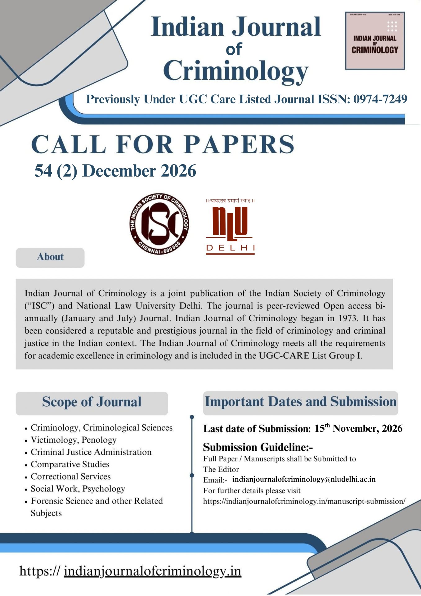 Call for Papers: Indian Journal of Criminology Volume 54 (2)